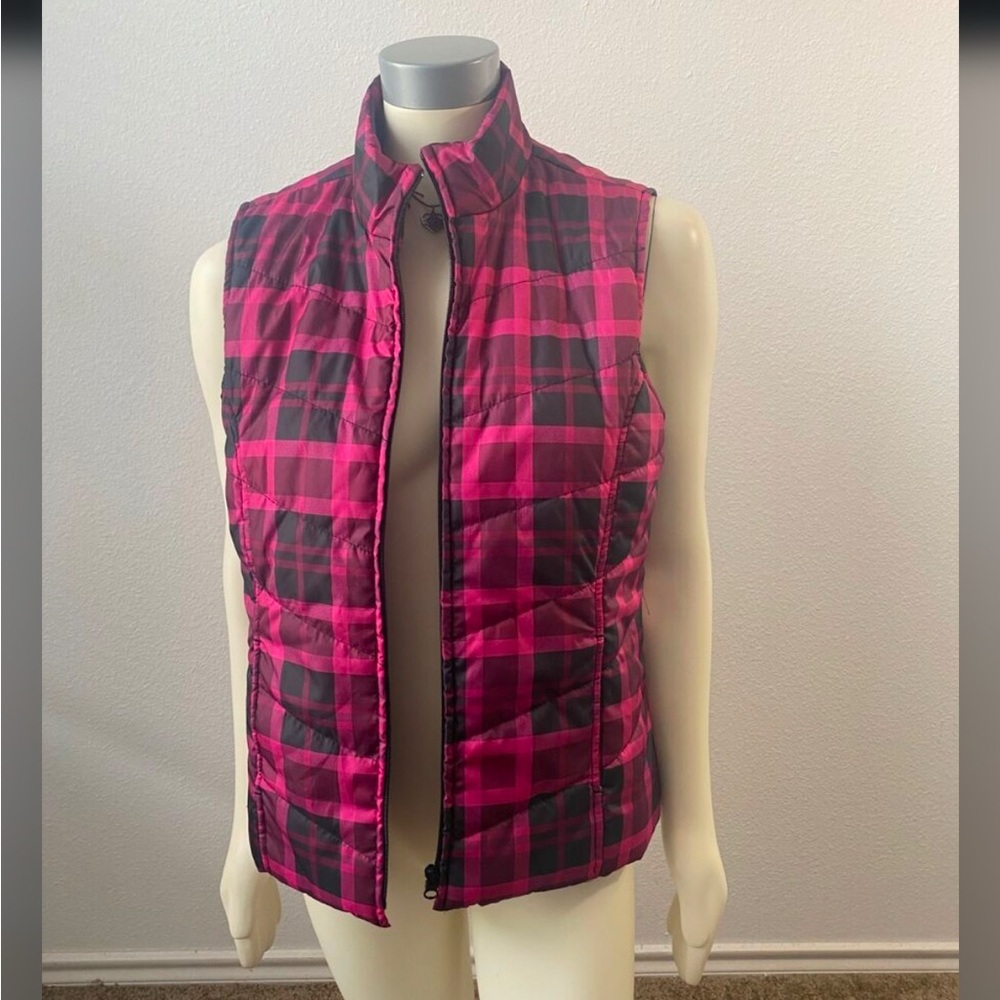 🖤 KIM ROGERS Women’s pockets quilted Puffer full zip plaid Vest Fuchsia Black M - Picture 12 of 14